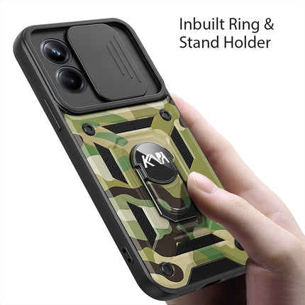 Mobizang Tank Back Cover for Realme 10 pro | Inbuilt Ring + Slider Shockproof Lens Protection Case (Green)
