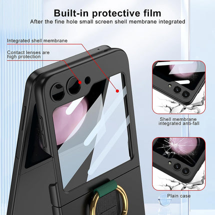 Mobizang Shockproof Protective Band Back Cover for Z Flip 5 | Wrist Strap Ring Kickstand Inbuilt Screen Tempered Glass Case , Black