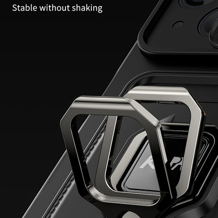 Mobizang Bisen Back Cover for Apple iPhone 15 Plus | Inbuilt Camera Slider Ring Stand and Card Pocket Shockproof Slim Bumper Back Case (Black)