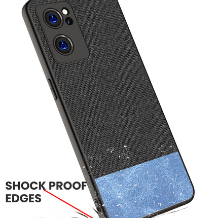 Soft Fabric & Leather Hybrid for Oppo Reno 7 (5G) Back Cover, Shockproof Protection Slim Hard Back Case (Black ,Blue)