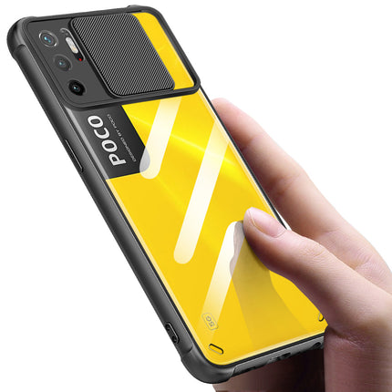 Slider Back Cover for Poco M3 PRO , [Military Grade Protection] Shockproof Slim Clear Camera Shield Bumper Back Case (Black)