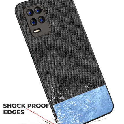 Soft Fabric & Leather Hybrid for Realme 8 (5G) Back Cover, Shockproof Protection Slim Hard Back Case (Black, Blue)