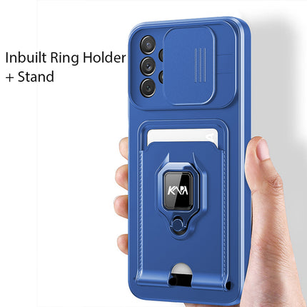 Bisen Back Cover for Samsung Galaxy A53 (5G) , Inbuilt Camera Slider ,Ring Stand and Card Pocket Shockproof Slim Bumper Back Case (Blue)
