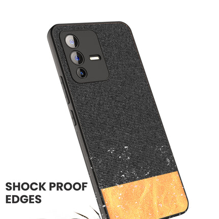 Soft Fabric & Leather Hybrid for Vivo V23 (5G) Back Cover, Shockproof Protection Slim Hard Back Case (Black ,Brown)
