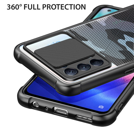 Camo Slider Back Cover for Oppo Reno 5 PRO , [Military Grade Protection] Shockproof Slim Clear Camera Shield Bumper Back Case (Black)
