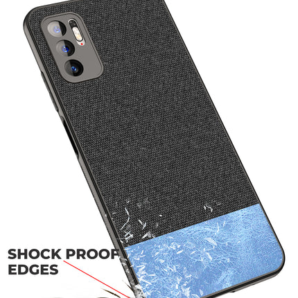 Soft Fabric & Leather Hybrid for Poco M3 Pro Back Cover, Shockproof Protection Slim Hard Back Case (Black, Blue)