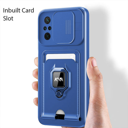 Mobizang Bisen Back Cover for Redmi Note 10 Pro / Note 10 Pro Max , Inbuilt Camera Slider Ring Stand and Card Pocket Shockproof Slim Bumper Back Case (Blue)