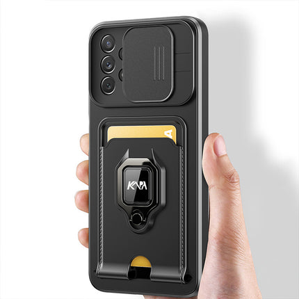 Bisen Back Cover for Samsung Galaxy A73 (5G) , Inbuilt Camera Slider ,Ring Stand and Card Pocket Shockproof Slim Bumper Back Case (Black)