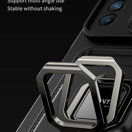 Bisen Back Cover for Oppo Reno 6 (5G), Inbuilt Camera Slider,Ring Stand and Card Pocket Shockproof Slim Bumper Back Case (Black)