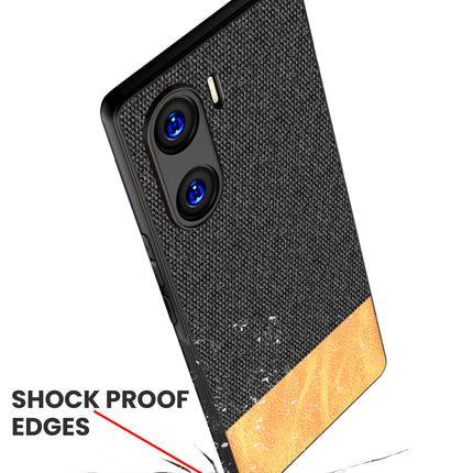 Mobizang Soft Fabric & Leather Hybrid Protective Back Cover for Vivo V29E | Shockproof Slim Hard Anti Slip Back Case (Black::Brown)