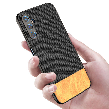 Mobizang Soft Fabric & Leather Hybrid Protective Case Cover for Samsung Galaxy A14 (5G) | Shockproof Slim Hard Anti Slip Back Case (Black,Brown)