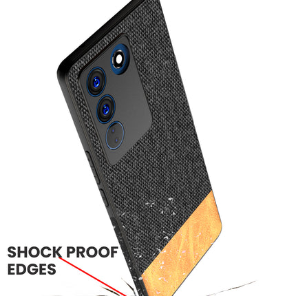Mobizang Soft Fabric & Leather Hybrid for Vivo V27 (5G) Back Cover | Shockproof Hybrid Slim Hard Anti Slip Back Case (Black, Brown)