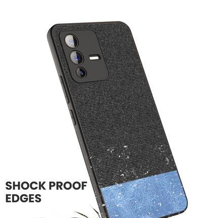 Soft Fabric & Leather Hybrid for Vivo V23 (5G) Back Cover, Shockproof Protection Slim Hard Back Case (Black ,Blue)