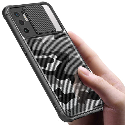 Camo Slider Back Cover for Poco M3 PRO / Redmi Note 10T 5G , [Military Grade Protection] Shockproof Slim Clear Camera Shield Bumper Back Case (Black)