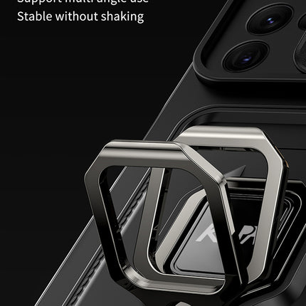 Bisen Back Cover for Samsung Galaxy S22 Ultra , Inbuilt Camera Slider ,Ring Stand and Card Pocket Shockproof Slim Bumper Back Case (Black)