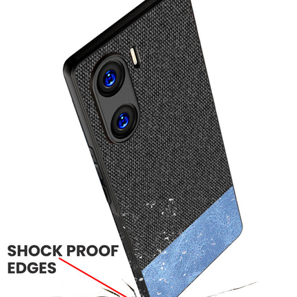 Mobizang Soft Fabric & Leather Hybrid Protective Back Cover for Vivo V29E | Shockproof Slim Hard Anti Slip Back Case (Black::Blue)