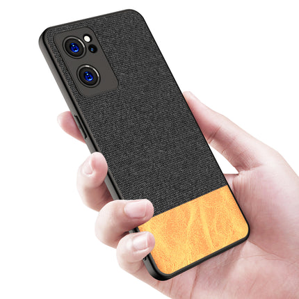 Soft Fabric & Leather Hybrid for Oppo Reno 7 (5G) Back Cover, Shockproof Protection Slim Hard Back Case (Black ,Brown)