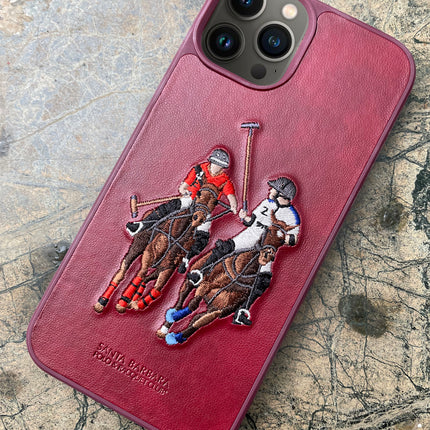 Santa Barbara Polo Jockey Series Luxury Leather Back Case Cover for Apple iPhone 13 Pro Max (6.7), Red