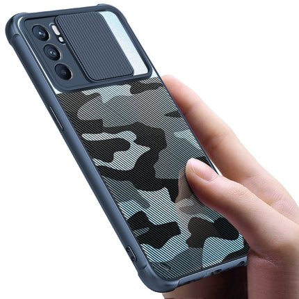 Camo Slider Back Cover for Oppo Reno 6 (5G), [Military Grade Protection] Shockproof Slim Clear Camera Shield Bumper Back Case (Blue)