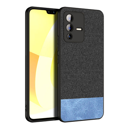 Soft Fabric & Leather Hybrid for Vivo V23 (5G) Back Cover, Shockproof Protection Slim Hard Back Case (Black ,Blue)