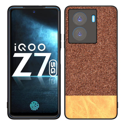 Mobizang Soft Fabric & Leather Hybrid Protective Case Cover for IQOO Z7 / Z7S (5G) | Shockproof Slim Hard Anti Slip Back Case (Brown)