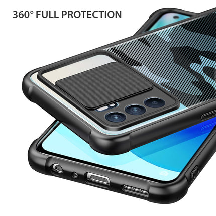 Camo Slider Back Cover for Oppo Reno 6 (5G) , [Military Grade Protection] Shockproof Slim Clear Camera Shield Bumper Back Case (Black)