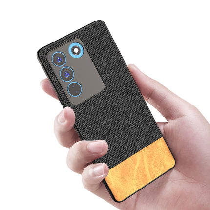 Mobizang Soft Fabric & Leather Hybrid for Vivo V27 (5G) Back Cover | Shockproof Hybrid Slim Hard Anti Slip Back Case (Black, Brown)