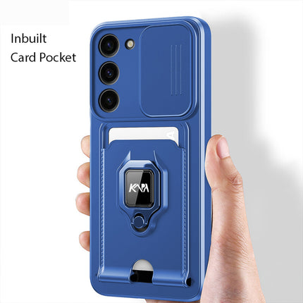 Mobizang Bisen Back Cover for Samsung Galaxy S23 Plus | Inbuilt Camera Slider Ring Stand and Card Pocket Shockproof Slim Bumper Back Case (Blue)