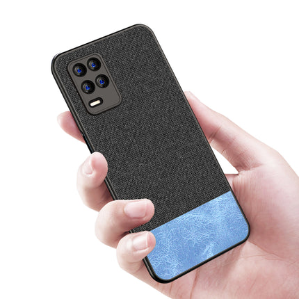Soft Fabric & Leather Hybrid for Realme 8 (5G) Back Cover, Shockproof Protection Slim Hard Back Case (Black, Blue)