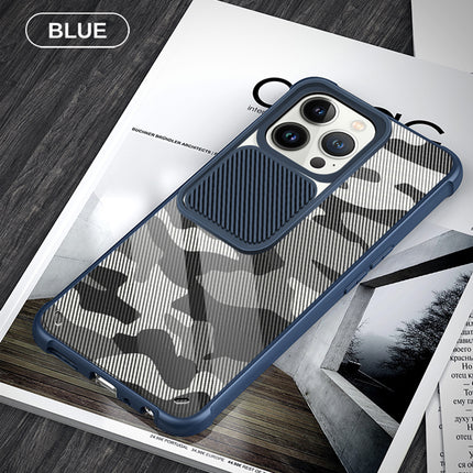 Camo Slider Back Cover for Apple iPhone 13 Pro, [Military Grade Protection] Shockproof Slim Clear Camera Shield Bumper Back Case (Blue)