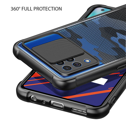 Camo Slider Back Cover for Samsung Galaxy F62 , [Military Grade Protection] Shockproof Slim Clear Camera Shield Bumper Back Case (Black)