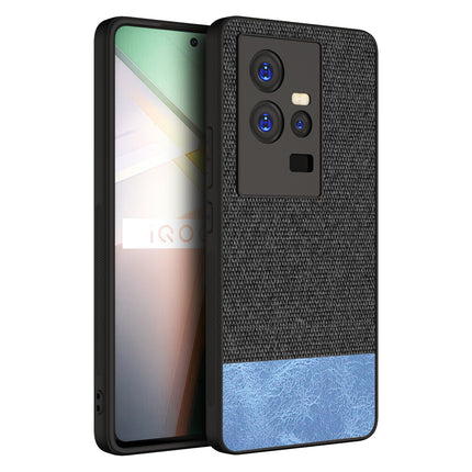 Mobizang Soft Fabric & Leather Hybrid for IQOO 11 Back Cover | Shockproof Hybrid Slim Hard Anti Slip Back Case (Black , Blue)