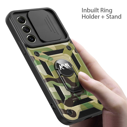 Tank Back Cover for Samsung Galaxy S21 FE, Inbuilt Ring + Slider Shockproof Lens Protection Case (Green)