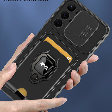 Bisen Back Cover for Samsung Galaxy S22 Ultra , Inbuilt Camera Slider ,Ring Stand and Card Pocket Shockproof Slim Bumper Back Case (Black)