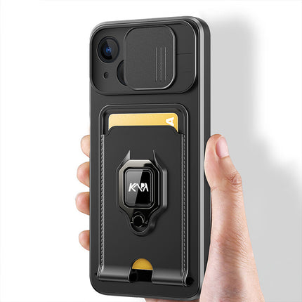 Mobizang Bisen Back Cover for Apple iPhone 15 Plus | Inbuilt Camera Slider Ring Stand and Card Pocket Shockproof Slim Bumper Back Case (Black)