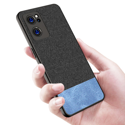 Soft Fabric & Leather Hybrid for Oppo Reno 7 (5G) Back Cover, Shockproof Protection Slim Hard Back Case (Black ,Blue)