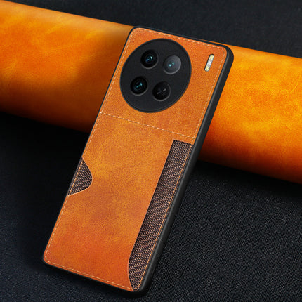 Mobizang Razor Wallet Back Case for Vivo X90 Pro (5G) | Slim PU Leather & Fabric Cover with Inbuilt Card Pocket (Brown)
