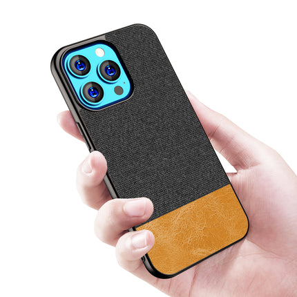 Mobizang Soft Fabric & Leather Hybrid Protective Back Case Cover for Apple iPhone 14 Mini (Black,Brown)