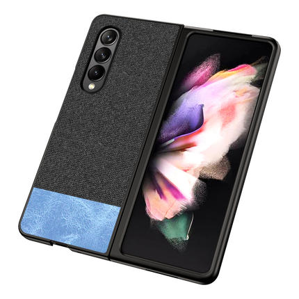 Soft Fabric & Leather Hybrid Protective Case Cover for Samsung Galaxy Z Fold 3 (Black,Blue)