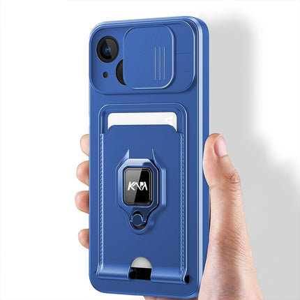 Bisen Back Cover for Apple iPhone 13 (6.1) , Inbuilt Camera Slider ,Ring Stand and Card Pocket Shockproof Slim Bumper Back Case (Blue)