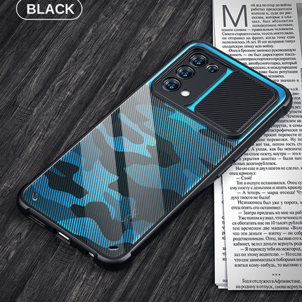 Camo Slider Back Cover for Oppo Reno 5 PRO , [Military Grade Protection] Shockproof Slim Clear Camera Shield Bumper Back Case (Black)
