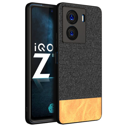 Mobizang Soft Fabric & Leather Hybrid Protective Case Cover for IQOO Z7 / Z7S (5G) | Shockproof Slim Hard Anti Slip Back Case (Black,Brown)