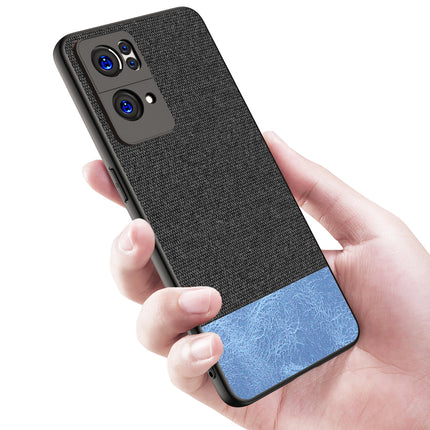 Soft Fabric & Leather Hybrid for Oppo Reno 7 Pro (5G) Back Cover, Shockproof Protection Slim Hard Back Case (Black ,Blue)