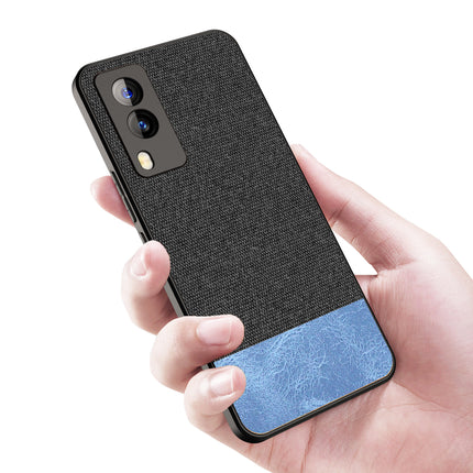 Soft Fabric & Leather Hybrid Protective Case Cover for Vivo V21E (5G) (Black,Blue)