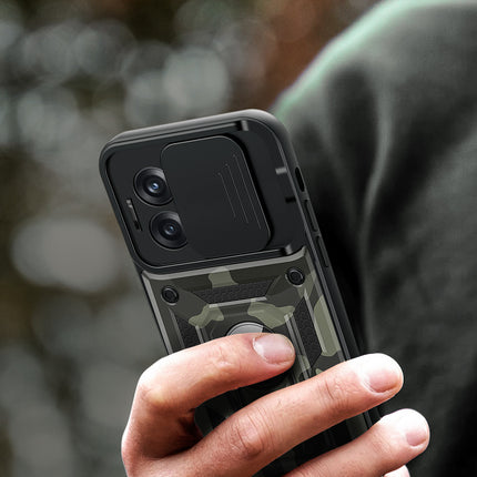 Mobizang Tank Back Cover for OnePLus 10T, Inbuilt Ring + Slider Shockproof Lens Case (Black)