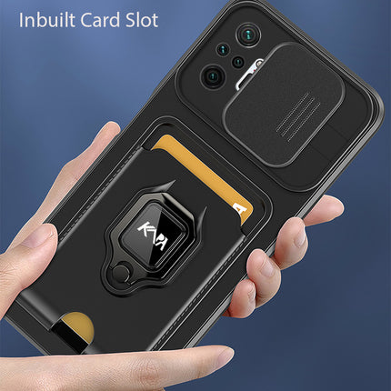 Mobizang Bisen Back Cover for Redmi Note 10 Pro / Note 10 Pro Max , Inbuilt Camera Slider Ring Stand and Card Pocket Shockproof Slim Bumper Back Case (Black)