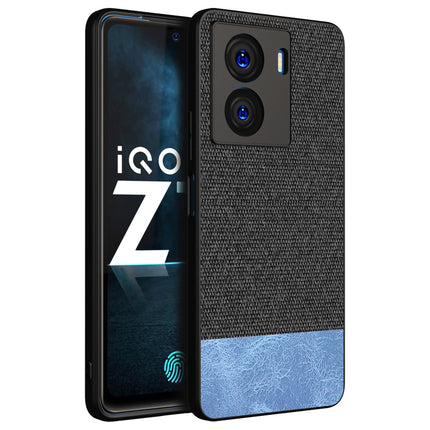 Mobizang Soft Fabric & Leather Hybrid Protective Case Cover for IQOO Z7 / Z7S (5G) | Shockproof Slim Hard Anti Slip Back Case (Black,Blue)