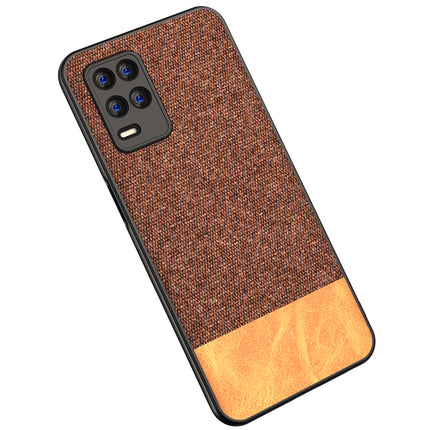 Soft Fabric & Leather Hybrid for Realme 8 (5G) Back Cover, Shockproof Protection Slim Hard Back Case (Brown)