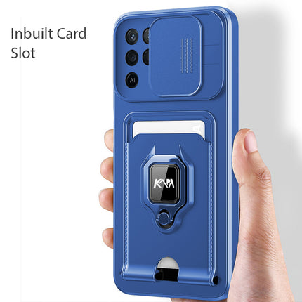 Bisen Back Cover for Oppo F19 Pro , Inbuilt Camera Slider ,Ring Stand and Card Pocket Shockproof Slim Bumper Back Case (Blue)