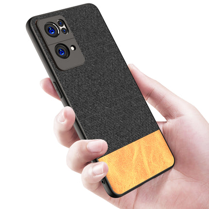 Soft Fabric & Leather Hybrid for Oppo Reno 7 Pro (5G) Back Cover, Shockproof Protection Slim Hard Back Case (Black ,Brown)